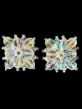 Vintage Lois Ann Clip On Earrings 1950's Glass Aurora Borealis Faceted Crystal